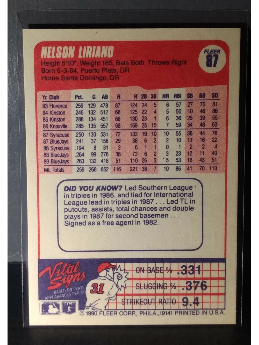 1990 Nelson Liriano Fleer Baseball Card #87